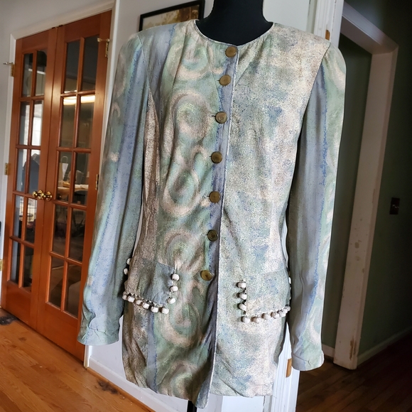 Dorothy Schoelen Platinum Jacket Small Silk Blend Vintage Abstract Art Blazer - Picture 4 of 10